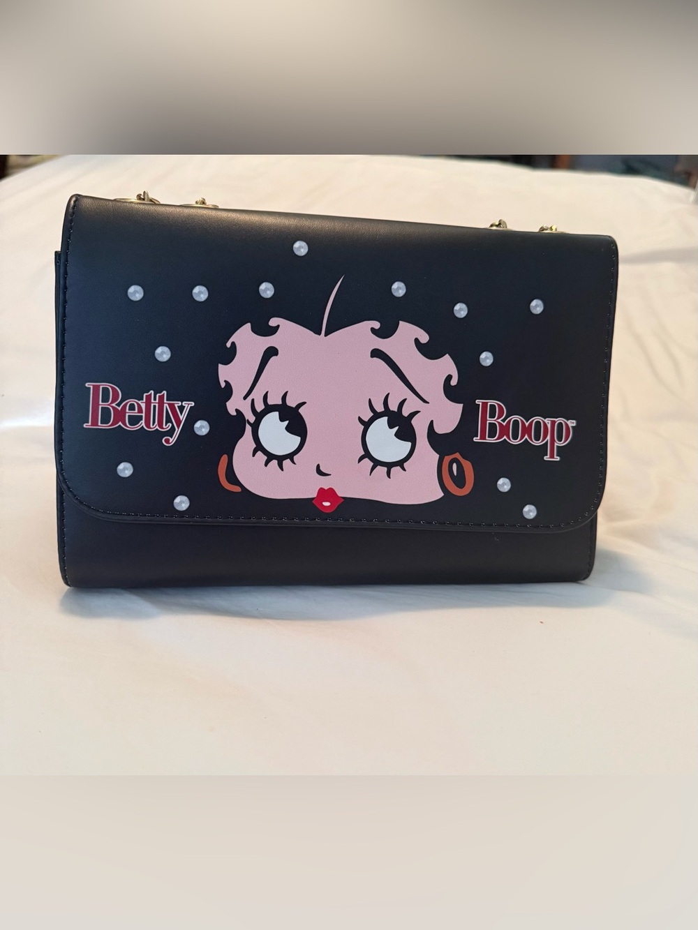 Betty Boop Black Crossbody with Pink Face Graphic and Faux Gems